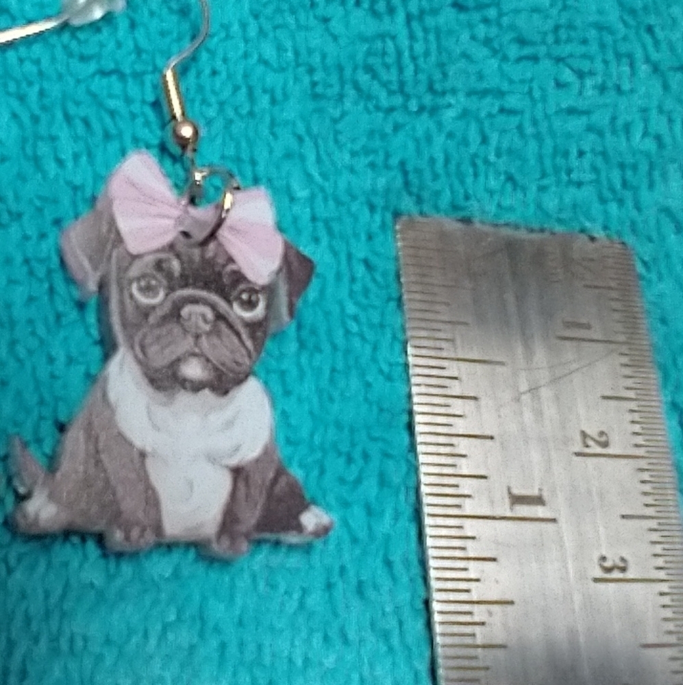 Cute colorful black white pink bow pug dog wire dangle earrings - Picture 2 of 3
